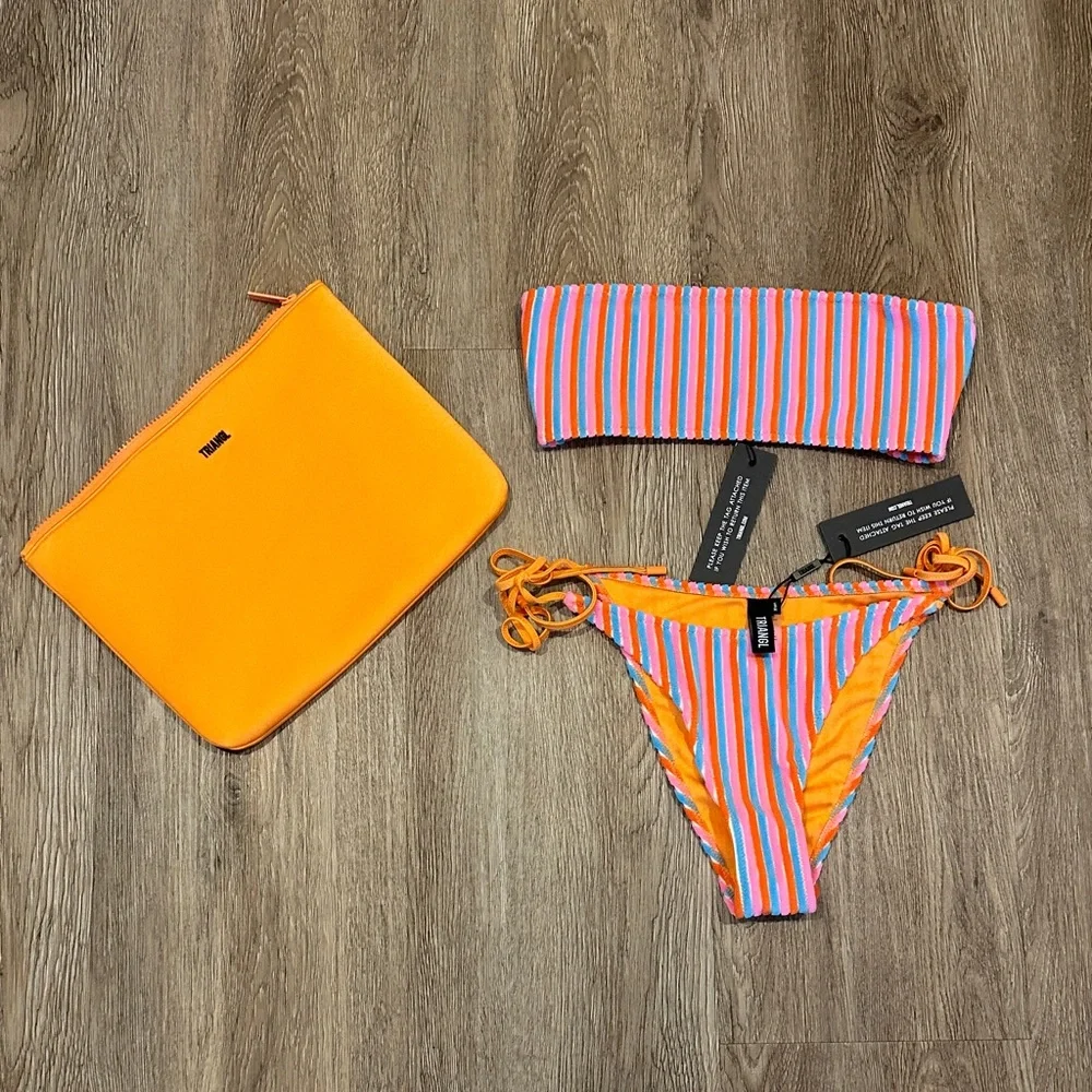 Triangl Swimwear Multicolor Striped Bandeau Bikini with Orange Trim